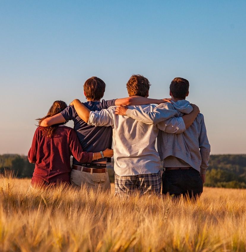 vier Jugendliche stehen in einem Haferfeld mit dem Rücken umarmend in einer Reihe in Richtung Ausblick zum Wald