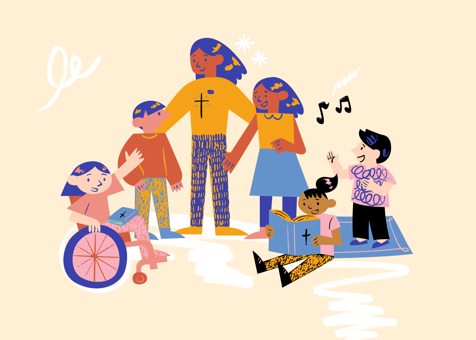 illustriertes Bild mit zwei Erwachsenen und Kindern in unterschiedlichem Alter, Herkunft, Beeinträchtigung, die in einem Kreis sitzen und stehen, 